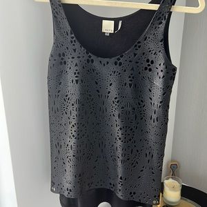 Ecru laser cut  size Small black leather front/rayon back tank